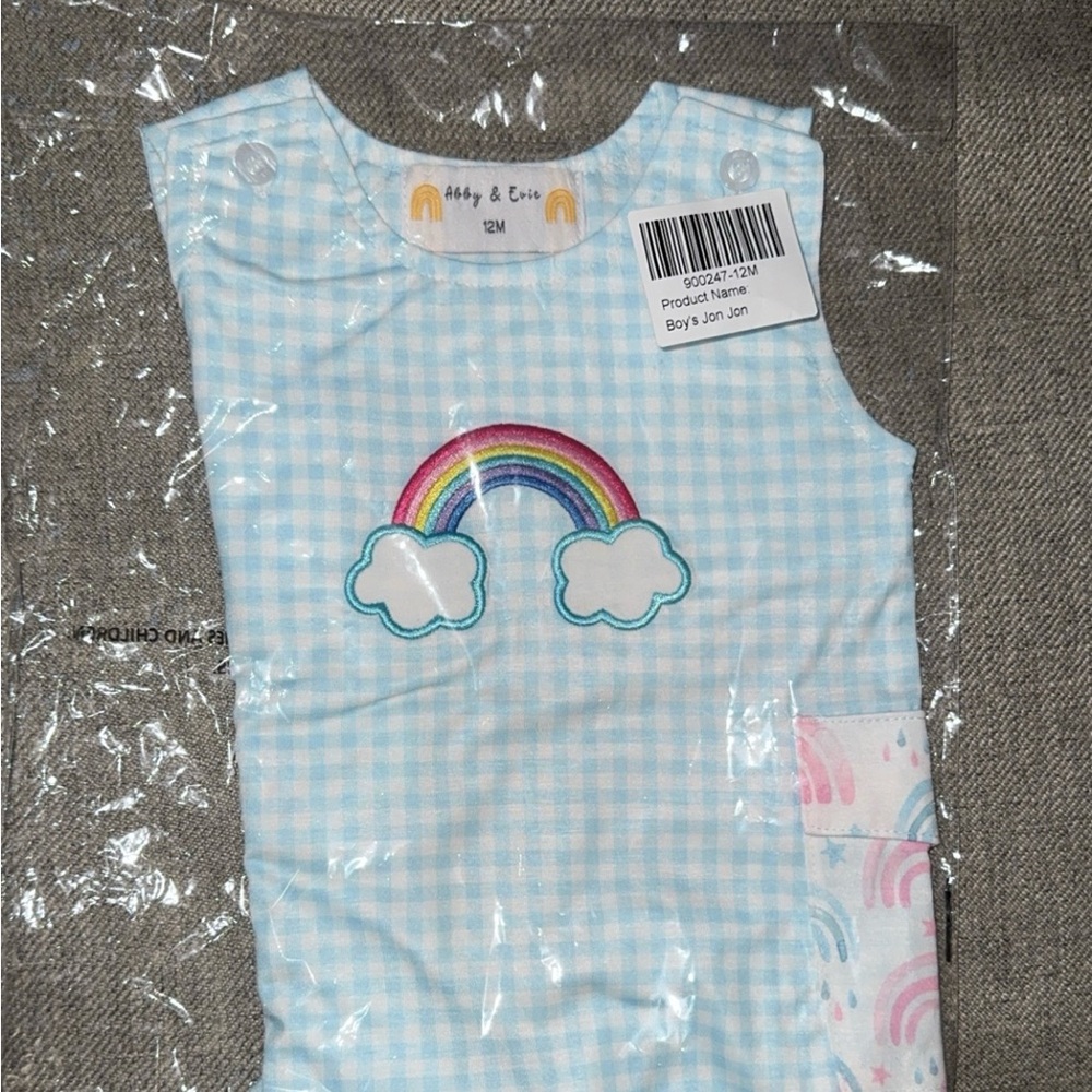 Abby&Evie Blue Gingham Baby Romper with Rainbow Patch